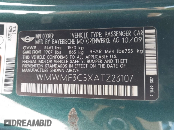 2010 MINI Hardtop with VIN WMWMF3C5XATZ23107, listed as a IAAI auction lot 42732300 with 100,747 mi miles and . Bid and sale history available at DreamBid. Image 9.