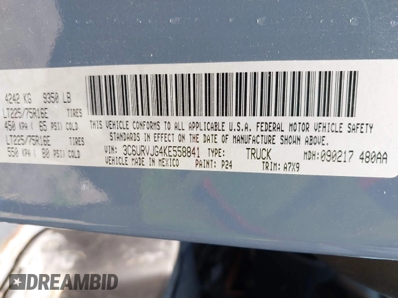 2019 Ram ProMaster Cargo with VIN 3C6URVJG4KE558841, listed as a IAAI auction lot 42180879 with 74,772 mi miles and . Bid and sale history available at DreamBid. Image 9.