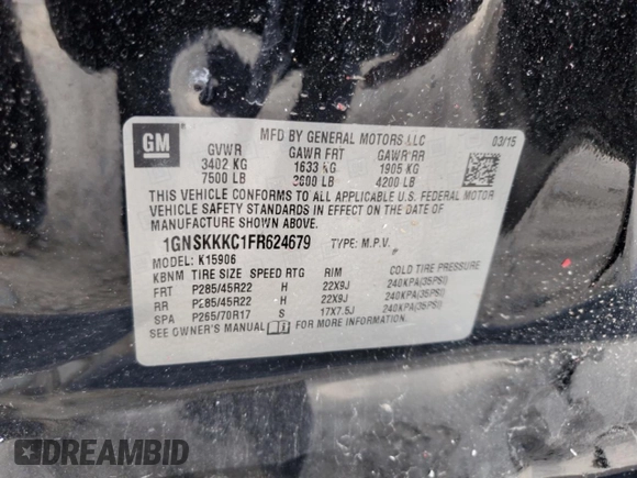 2015 Chevrolet Suburban LTZ with VIN 1GNSKKKC1FR624679, listed as a Copart auction lot 52957365 with 71,194 mi miles and Salvage Title. Bid and sale history available at DreamBid. Image 13.