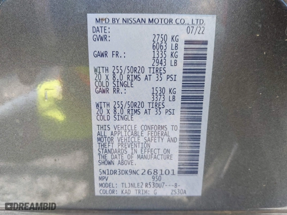 2022 Nissan Pathfinder Platinum with VIN 5N1DR3DK9NC268101, listed as a IAAI auction lot 41277151 with 51,197 mi miles. Bid and sale history available at carsss.com. Image 9.