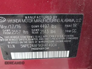 2016 Hyundai Sonata SE with VIN 5NPE24AF9GH414904, listed as a IAAI auction lot 41633415 with 107,778 mi miles and . Bid and sale history available at carsss.com. Image 9.