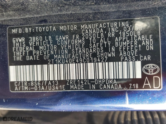 2009 Toyota Matrix with VIN 2T1KU40E49C019427, listed as a Copart auction lot 50546215 with 256,458 mi miles and Clean Title. Bid and sale history available at carsss.com. Image 12.