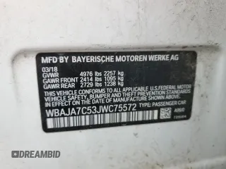 2018 BMW 5 Series 530i xDrive with VIN WBAJA7C53JWC75572, listed as a Copart auction lot 51467985 with 53,379 mi miles and Salvage Title. Bid and sale history available at carsss.com. Image 12.