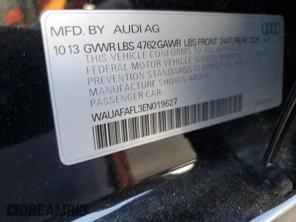2014 Audi A4 Premium with VIN WAUAFAFL3EN019627, listed as a Copart auction lot 89327035 with 113,023 mi miles and Salvage Title. Bid and sale history available at carsss.com. Image 12.