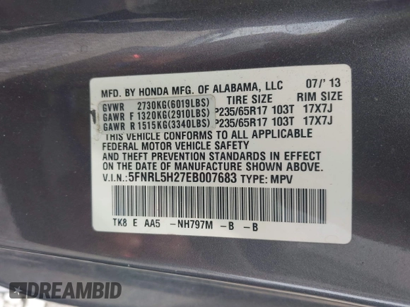 2014 Honda Odyssey LX z VIN 5FNRL5H27EB007683, wystawiony jako IAAI lot #42427304 z przebiegiem 325 359 mil mil oraz . Historia ofert i sprzedaży dostępna na DreamBid. Obrazek 9.