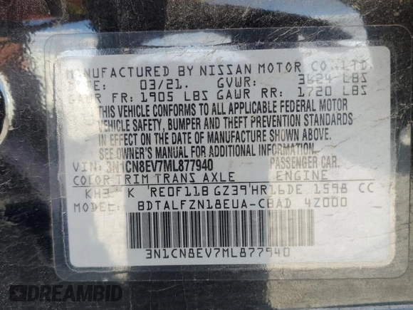 2021 Nissan Versa SV with VIN 3N1CN8EV7ML877940, listed as a Copart auction lot 59793625 with 67,750 mi miles and Salvage title. Bid and sale history available at DreamBid. Image 13.