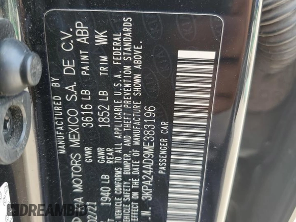 2021 Kia Rio LX with VIN 3KPA24AD9ME383196, listed as a Copart auction lot 68703904 with 100,688 mi miles and Salvage Title. Bid and sale history available at DreamBid. Image 12.