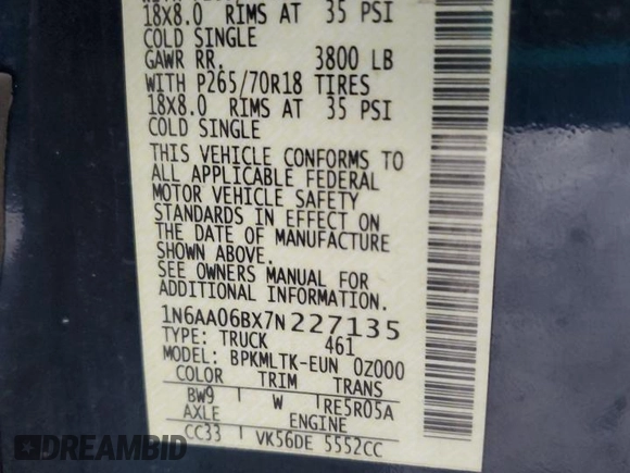 2007 Nissan Titan XE z VIN 1N6AA06BX7N227135, wystawiony jako Copart lot #84016134 z przebiegiem 120 723 mil mil oraz Nie do naprawy • Non repairable. Historia ofert i sprzedaży dostępna na DreamBid. Obrazek 12.