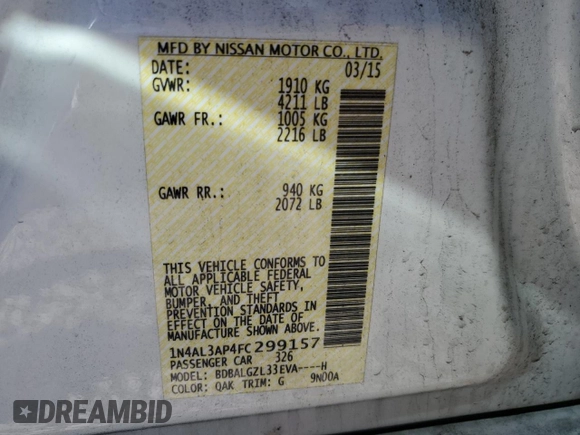 2015 Nissan Altima S with VIN 1N4AL3AP4FC299157, listed as a Copart auction lot 42595704 with 94,155 mi miles and Non Repairable. Bid and sale history available at carsss.com. Image 12.