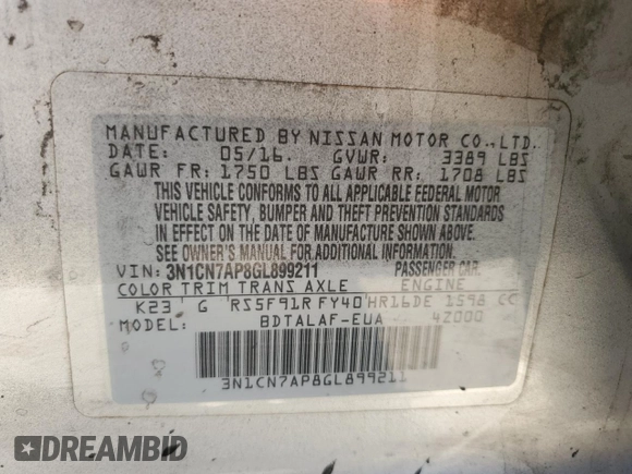2016 Nissan Versa S with VIN 3N1CN7AP8GL899211, listed as a Copart auction lot 62689825 with 86,688 mi miles and Salvage title. Bid and sale history available at DreamBid. Image 12.