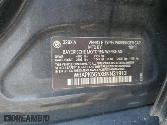 2011 BMW 3 Series 328i xDrive with VIN WBAPK5G5XBNN31913, listed as a Copart auction lot 57527705 with 193,160 mi miles and Clean title. Bid and sale history available at DreamBid. Image 12.