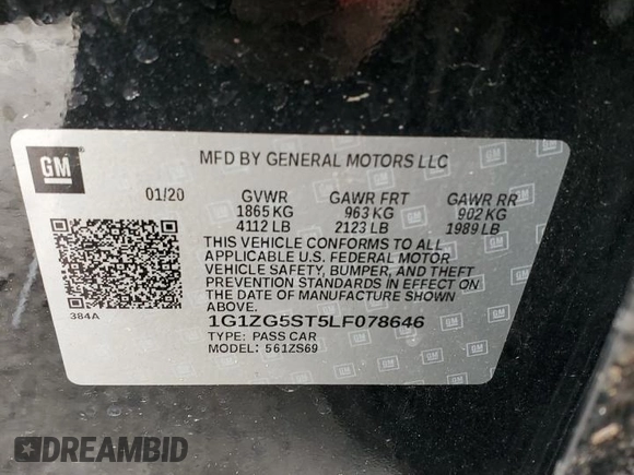 2020 Chevrolet Malibu RS with VIN 1G1ZG5ST5LF078646, listed as a Copart auction lot 51387275 with 33,956 mi miles and Salvage Title. Bid and sale history available at DreamBid. Image 12.