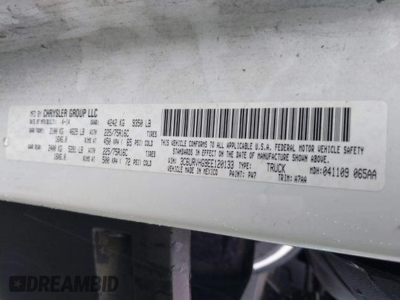 2014 Ram ProMaster Cargo with VIN 3C6URVHG9EE120133, listed as a IAAI auction lot 41934274 with 275,842 mi miles and . Bid and sale history available at DreamBid. Image 9.