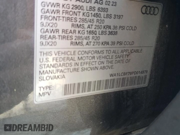 2023 Audi Q7 Premium Plus with VIN WA1LCBF79PD014979, listed as a Copart auction lot 56172535 with 23,066 mi miles and Salvage title. Bid and sale history available at DreamBid. Image 13.