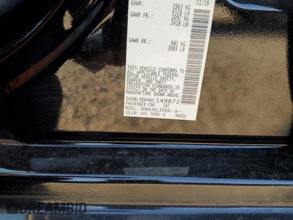 2019 Nissan Altima SV with VIN 1N4BL4DV4KC149872, listed as a Copart auction lot 52984685 with 66,272 mi miles and Salvage title. Bid and sale history available at DreamBid. Image 12.
