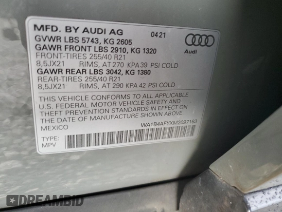 2021 Audi SQ5 Premium Plus with VIN WA1B4AFYXM2097163, listed as a Copart auction lot 73679364 with 65,178 mi miles and Clean Title. Bid and sale history available at DreamBid. Image 15.
