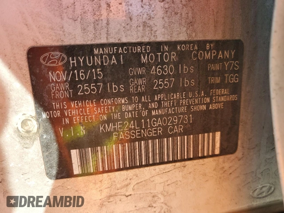 2016 Hyundai Sonata Hybrid SE with VIN KMHE24L11GA029731, listed as a Copart auction lot 43916095 with 160,104 mi miles and Salvage Title. Bid and sale history available at carsss.com. Image 12.