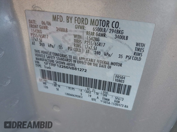 2006 Ford F-150 XL with VIN 1FTRF12266NB81272, listed as a IAAI auction lot 42383652 with 197,486 mi miles and . Bid and sale history available at DreamBid. Image 9.