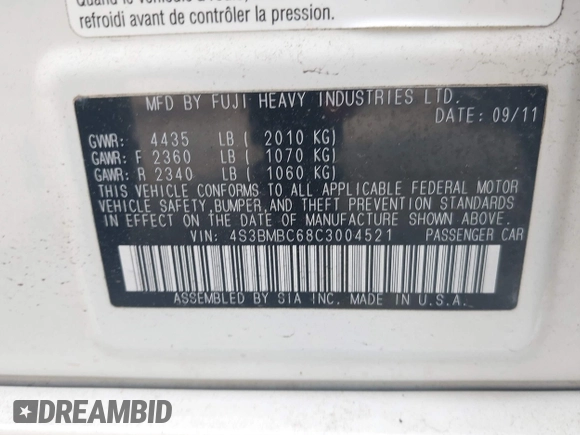 2012 Subaru Legacy Premium with VIN 4S3BMBC68C3004521, listed as a IAAI auction lot 42485584 with 29,290 mi miles and . Bid and sale history available at DreamBid. Image 9.
