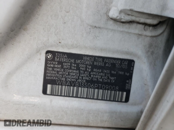 2006 BMW 3 Series 325i with VIN WBAVB13506PT09008, listed as a Copart auction lot 52020275 with 0 mi miles and Salvage Title. Bid and sale history available at carsss.com. Image 15.