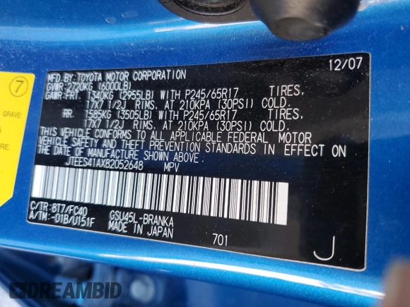 2008 Toyota Highlander z VIN JTEES41AX82052648, wystawiony jako Copart lot #87082174 z przebiegiem 165 951 mil mil oraz Szkoda całkowita • Salvage title. Historia ofert i sprzedaży dostępna na DreamBid. Obrazek 13.