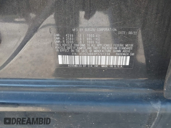 2023 Subaru Impreza with VIN 4S3GTAB60P3701238, listed as a IAAI auction lot 41767565 with 31,724 mi miles and . Bid and sale history available at DreamBid. Image 9.