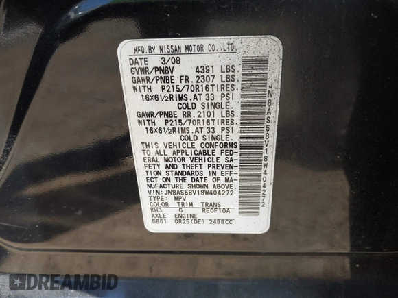 2008 Nissan Rogue S with VIN JN8AS58V18W404272, listed as a IAAI auction lot 42142259 with 160,053 mi miles and . Bid and sale history available at DreamBid. Image 9.