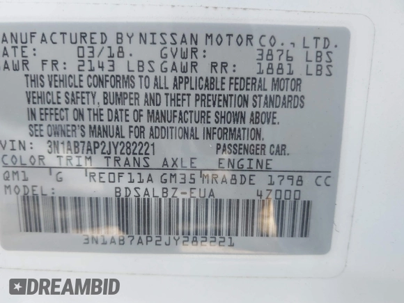 2018 Nissan Sentra S with VIN 3N1AB7AP2JY282221, listed as a IAAI auction lot 41877250 with 88,190 mi miles and . Bid and sale history available at DreamBid. Image 9.