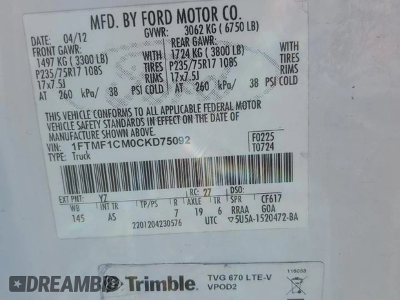 2012 Ford F-150 XL с VIN 1FTMF1CM0CKD75092, выставлен на аукционе Copart как лот 41412725 с пробегом 136 454 миль миль и Списание • Salvage title. История ставок и продаж доступна на DreamBid. Изображение 12.