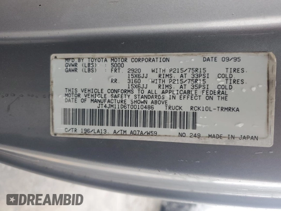 1996 Toyota T100 with VIN JT4JM11D6T0010486, listed as a Copart auction lot 42725615 with 159,832 mi miles and Clean Title. Bid and sale history available at DreamBid. Image 12.