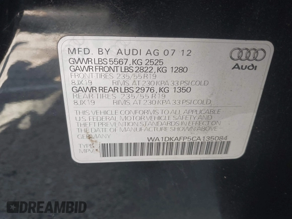 2012 Audi Q5 Premium Plus with VIN WA1DKAFP5CA135084, listed as a IAAI auction lot 42346976 with 149,305 mi miles and . Bid and sale history available at DreamBid. Image 9.