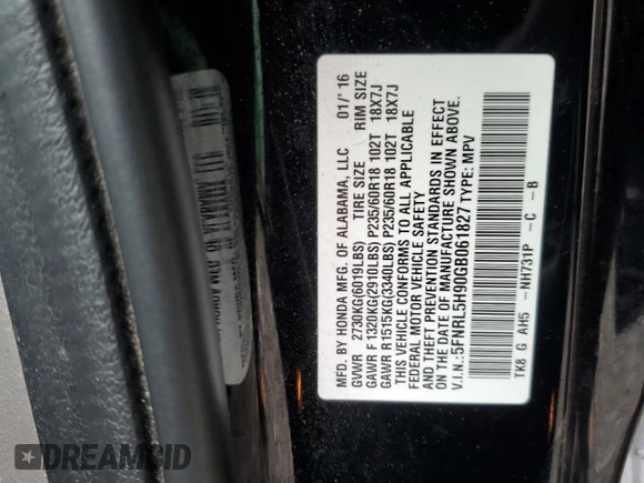 2016 Honda Odyssey Touring Elite with VIN 5FNRL5H90GB061827, listed as a Copart auction lot 61271695 with Not provided miles and Salvage title. Bid and sale history available at DreamBid. Image 13.