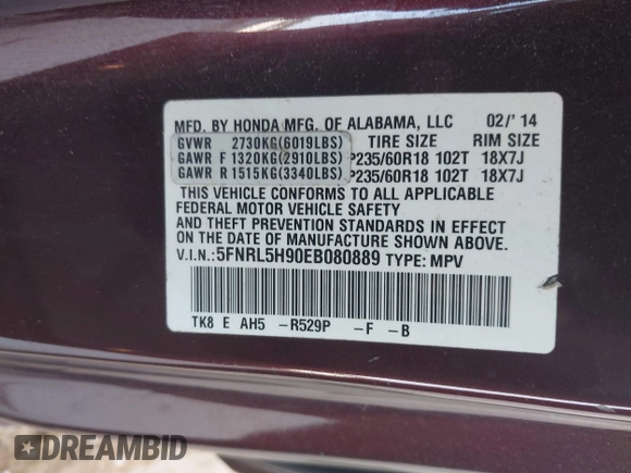 2014 Honda Odyssey Touring with VIN 5FNRL5H90EB080889, listed as a IAAI auction lot 42085305 with 123,286 mi miles and . Bid and sale history available at carsss.com. Image 9.