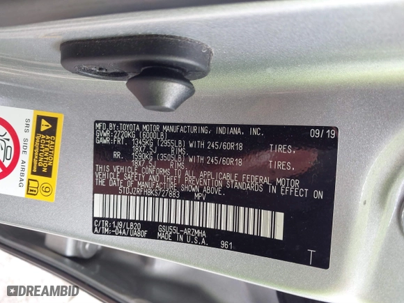 2019 Toyota Highlander SE with VIN 5TDJZRFH8KS727883, listed as a IAAI auction lot 41882956 with 56,043 mi miles. Bid and sale history available at carsss.com. Image 9.
