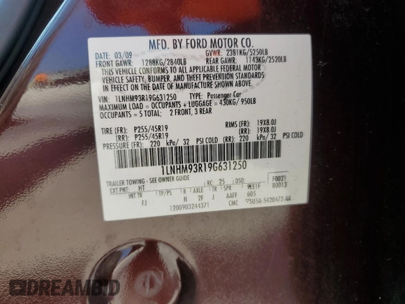 2009 Lincoln MKS with VIN 1LNHM93R19G631250, listed as a Copart auction lot 55442505 with 160,926 mi miles and Salvage Title. Bid and sale history available at DreamBid. Image 12.