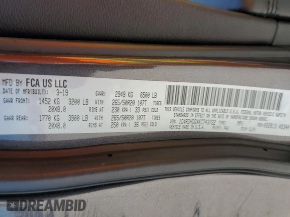 2019 Dodge Durango GT Plus with VIN 1C4RDHDGXKC743722, listed as a Copart auction lot 49438355 with 89,194 mi miles and Salvage Title. Bid and sale history available at carsss.com. Image 14.