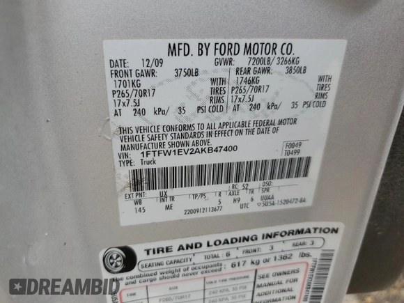 2010 Ford F-150 XL with VIN 1FTFW1EV2AKB47400, listed as a Copart auction lot 59687575 with 247,534 mi miles and Salvage title. Bid and sale history available at DreamBid. Image 12.
