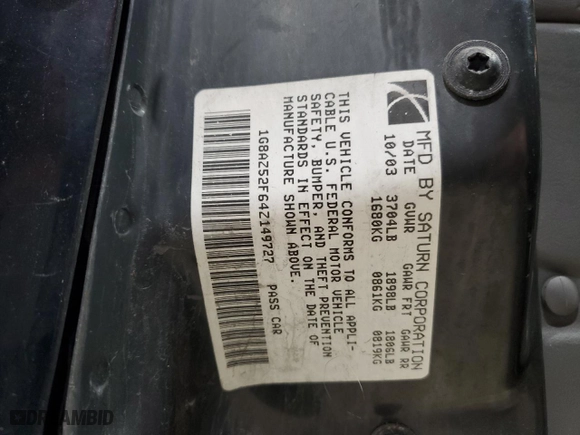 2004 Saturn ION with VIN 1G8AZ52F64Z149727, listed as a Copart auction lot 43562225 with 259,321 mi miles and Salvage Title. Bid and sale history available at carsss.com. Image 12.