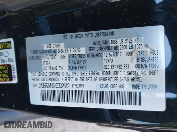 2010 Mazda CX-7 SV z VIN JM3ER2WM2A0302612, wystawiony jako IAAI lot #41686288 z przebiegiem 185 831 mil mil oraz . Historia ofert i sprzedaży dostępna na DreamBid. Obrazek 9.
