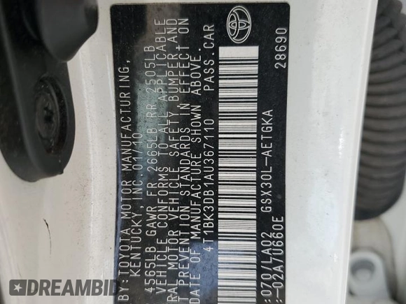 2010 Toyota Avalon XL with VIN 4T1BK3DB1AU367110, listed as a Copart auction lot 53719905 with 187,214 mi miles and Salvage Title. Bid and sale history available at DreamBid. Image 13.