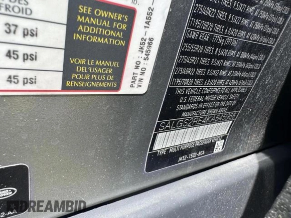 2019 Land Rover Range Rover с VIN SALGS2RE4KA545966, выставлен на аукционе Copart как лот 55515835 с пробегом 128 978 миль миль и Чистый • Clean title. История ставок и продаж доступна на DreamBid. Изображение 10.