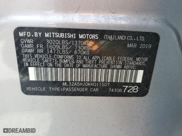 2019 Mitsubishi Mirage GT with VIN ML32A5HJ0KH011507, listed as a Copart auction lot 68495154 with 40,161 mi miles and Salvage Title. Bid and sale history available at carsss.com. Image 12.