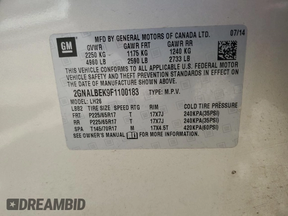 2015 Chevrolet Equinox LT with VIN 2GNALBEK9F1100183, listed as a Copart auction lot 54179885 with 202,795 mi miles and Clean Title. Bid and sale history available at carsss.com. Image 15.