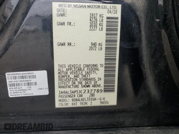 2018 Nissan Altima SV with VIN 1N4AL3AP5JC237789, listed as a Copart auction lot 51465335 with 106,819 mi miles and Salvage Title. Bid and sale history available at DreamBid. Image 13.