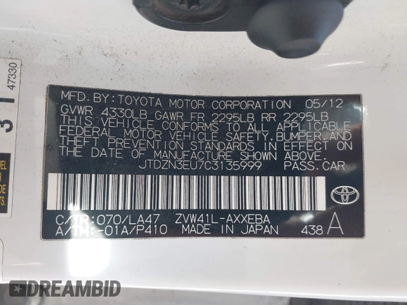 2012 Toyota Prius Two with VIN JTDZN3EU7C3135999, listed as a IAAI auction lot 41768322 with 286,863 mi miles and . Bid and sale history available at DreamBid. Image 9.