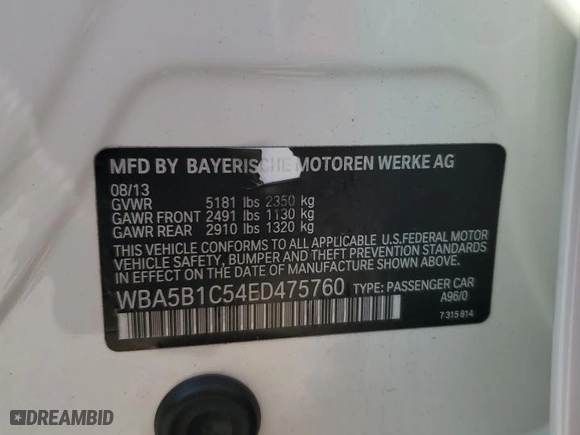 2014 BMW 5 Series 535i with VIN WBA5B1C54ED475760, listed as a Copart auction lot 45926265 with 62,041 mi miles and Salvage Title. Bid and sale history available at carsss.com. Image 13.