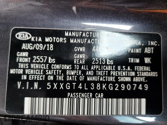 2019 Kia Optima LX with VIN 5XXGT4L38KG290749, listed as a Copart auction lot 63119405 with 96,133 mi miles and Salvage title. Bid and sale history available at DreamBid. Image 13.