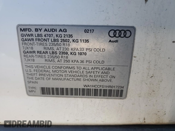 2017 Audi Q3 Premium Plus with VIN WA1HCCFS1HR017234, listed as a Copart auction lot 47053405 with 76,440 mi miles and Salvage title. Bid and sale history available at DreamBid. Image 12.