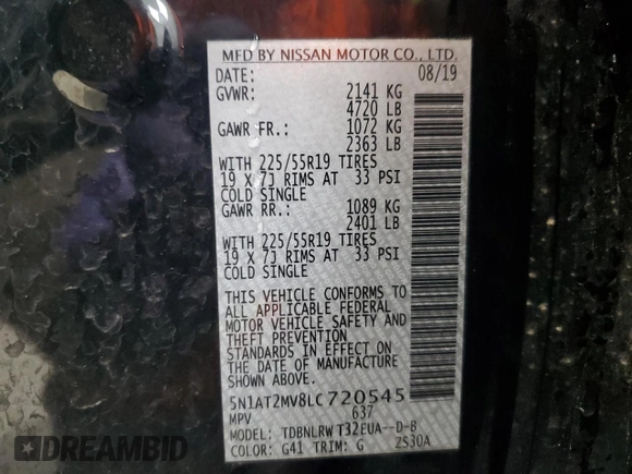 2020 Nissan Rogue SL with VIN 5N1AT2MV8LC720545, listed as a Copart auction lot 52154615 with 97,452 mi miles and Salvage Title. Bid and sale history available at DreamBid. Image 16.