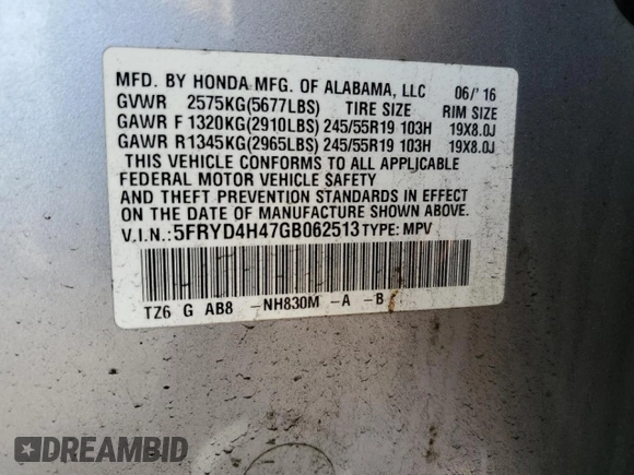 2016 Acura MDX Technology with VIN 5FRYD4H47GB062513, listed as a Copart auction lot 62311665 with 124,975 mi miles and Salvage title. Bid and sale history available at DreamBid. Image 14.